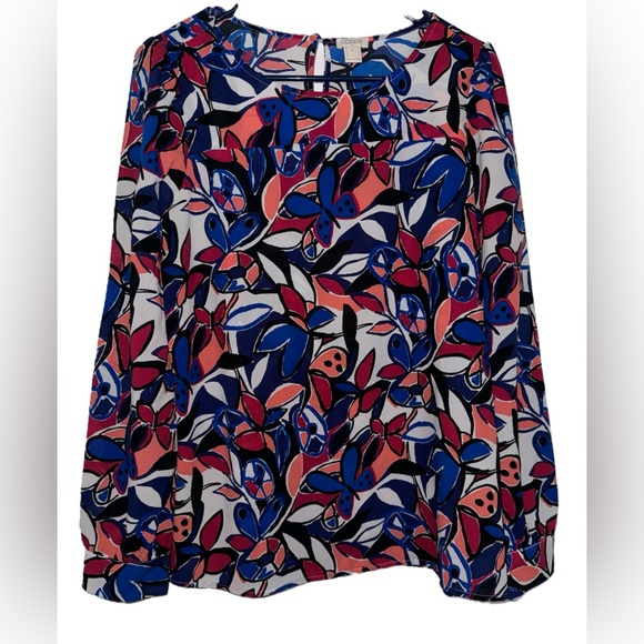 J Crew Factory Boatneck Abstract Floral Long Sleeve Blouse Top Small - Picture 1 of 6